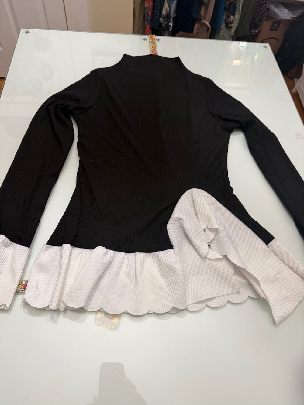 Ribbed Black & White Ruffled Hem Long Sleeve Top